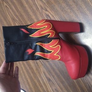 High heel leather boots with flames